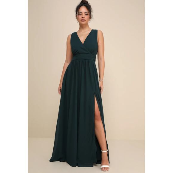 Lulus Dresses & Skirts - Lulus Thoughts of Hue Emerald Green Surplice Maxi Gown Sleeveless Dress